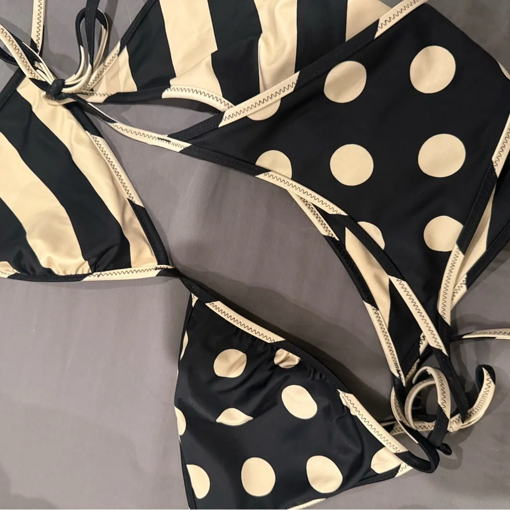 NEW J Crew Black and Cream Striped and Polka Dot Reversible Bikini - Picture 4 of 4